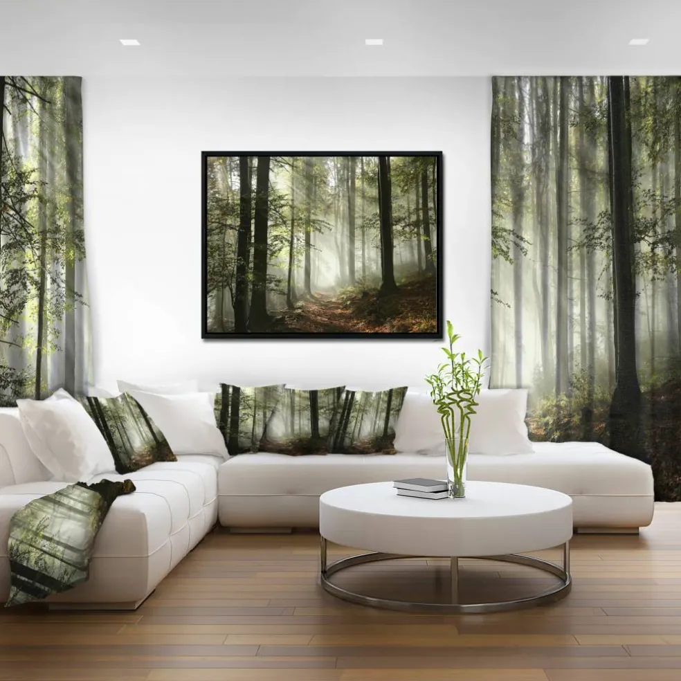 Designart - Light in Dense Fall Forest with Fog - Landscape Art Print Framed Canvas