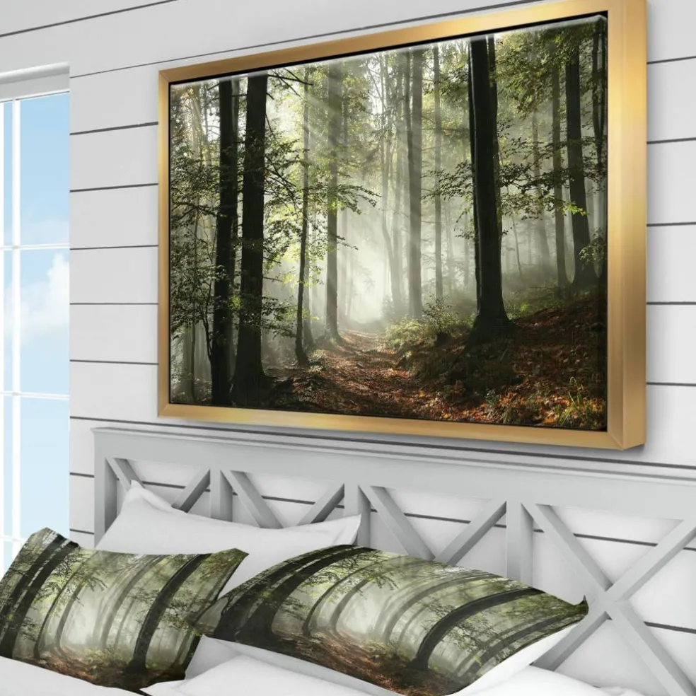 Designart - Light in Dense Fall Forest with Fog - Landscape Art Print Framed Canvas