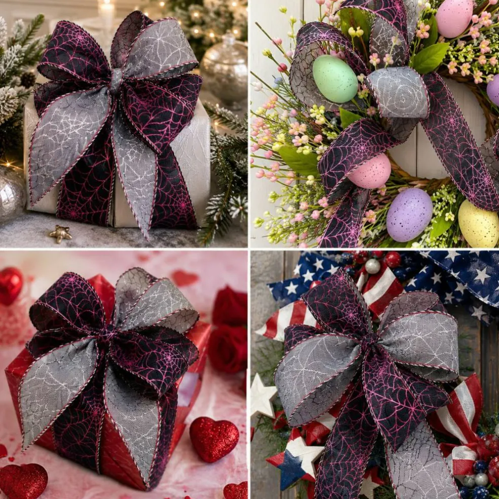 Designer’ Shop Reversible Pink & Silver Spider Web Wired Edge Ribbon 2.5" x 10 Yards – WR 63-5237