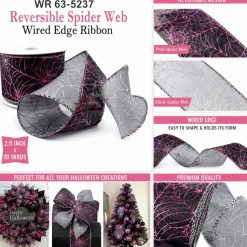Designer’ Shop Reversible Pink & Silver Spider Web Wired Edge Ribbon 2.5