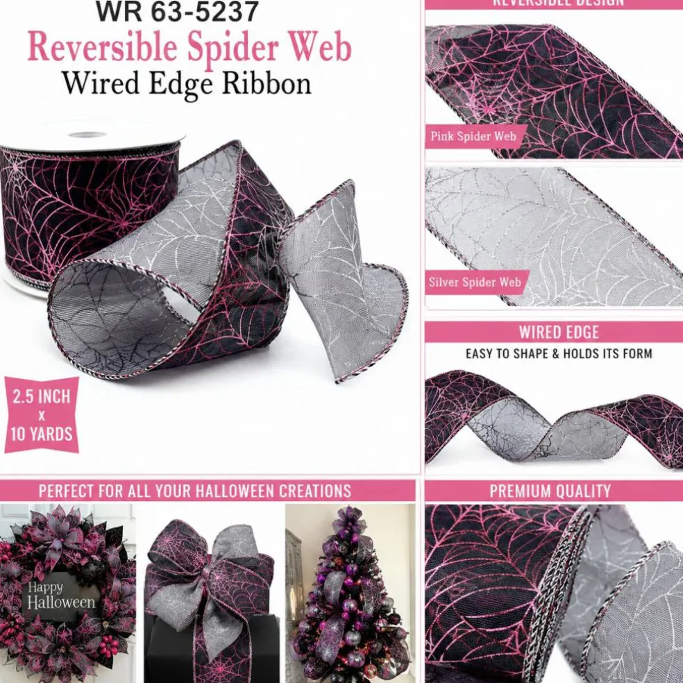 Designer’ Shop Reversible Pink & Silver Spider Web Wired Edge Ribbon 2.5" x 10 Yards – WR 63-5237