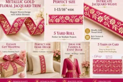 Designer's Shop Metallic Gold Floral Jacquard Trim Ribbon, Raspberry Pink, 1-13/16" Wide x 5 Yards, JL 498
