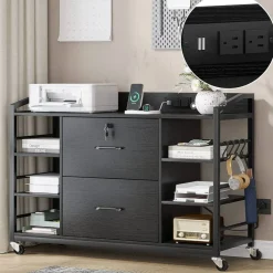 44" Desktop Printer Stand with File Cabinet and 6 Storage Shelves USB and AC Power Ports