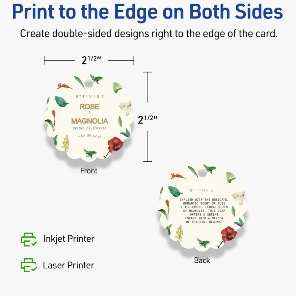 2-1/2" Diameter Round Scalloped Edge, Matte Ivory Printable Tags