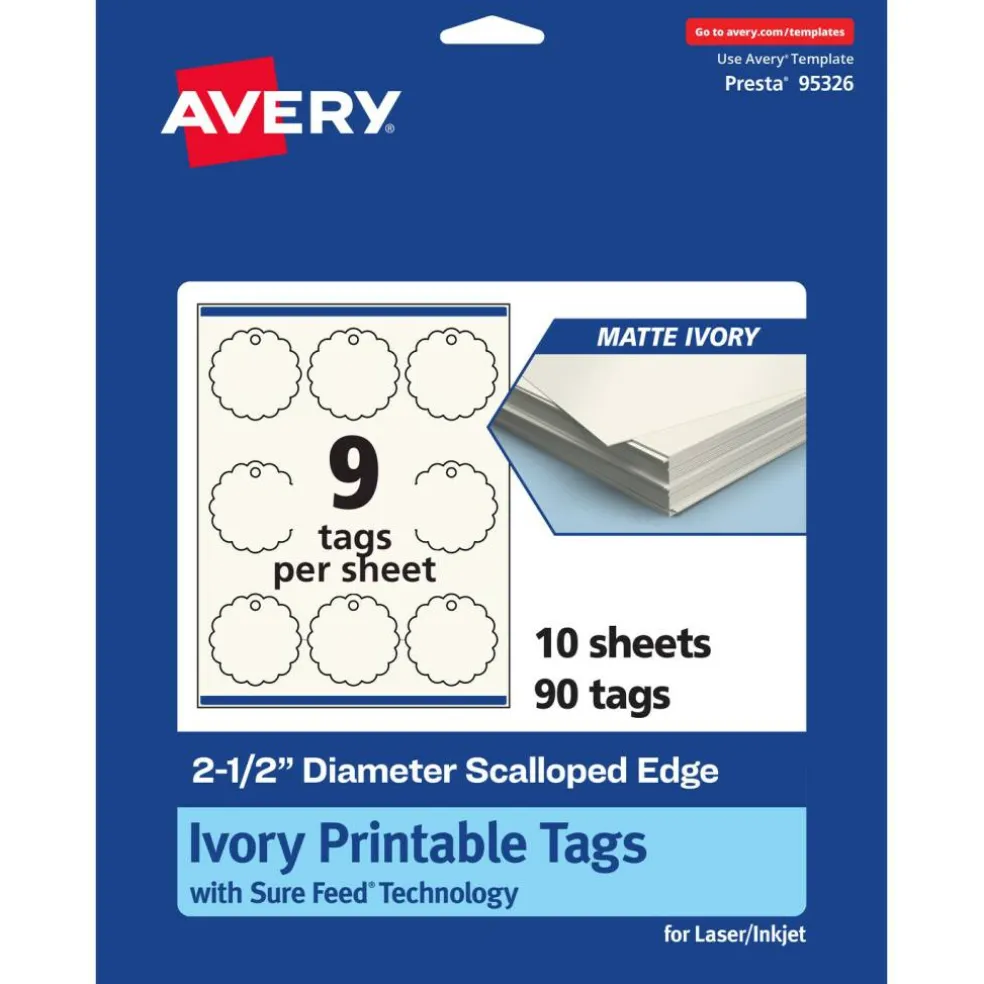 2-1/2" Diameter Round Scalloped Edge, Matte Ivory Printable Tags