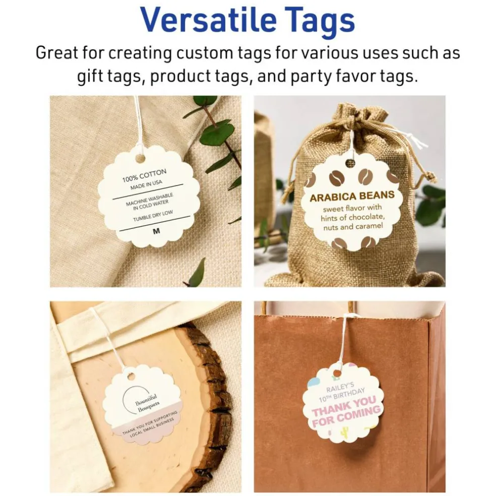 2-1/2" Diameter Round Scalloped Edge, Matte Ivory Printable Tags