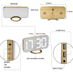 Digital Alarm Clock,LED and Mirror Desk Clock Large Display,with Dual USB Charger Ports,3 Levels Brightness,12/24H,Modern Electronic Clock for Bedroom Home Living Room Office - Gold