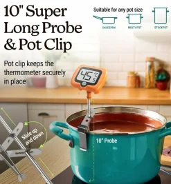 Digital Candy Thermometer – 10" Stainless Steel Probe, Pot Clip, Instant-Read for Cooking & Baking