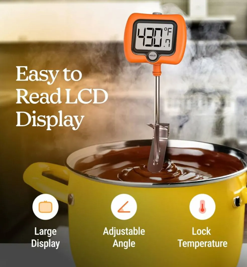 Digital Candy Thermometer – 10" Stainless Steel Probe, Pot Clip, Instant-Read for Cooking & Baking