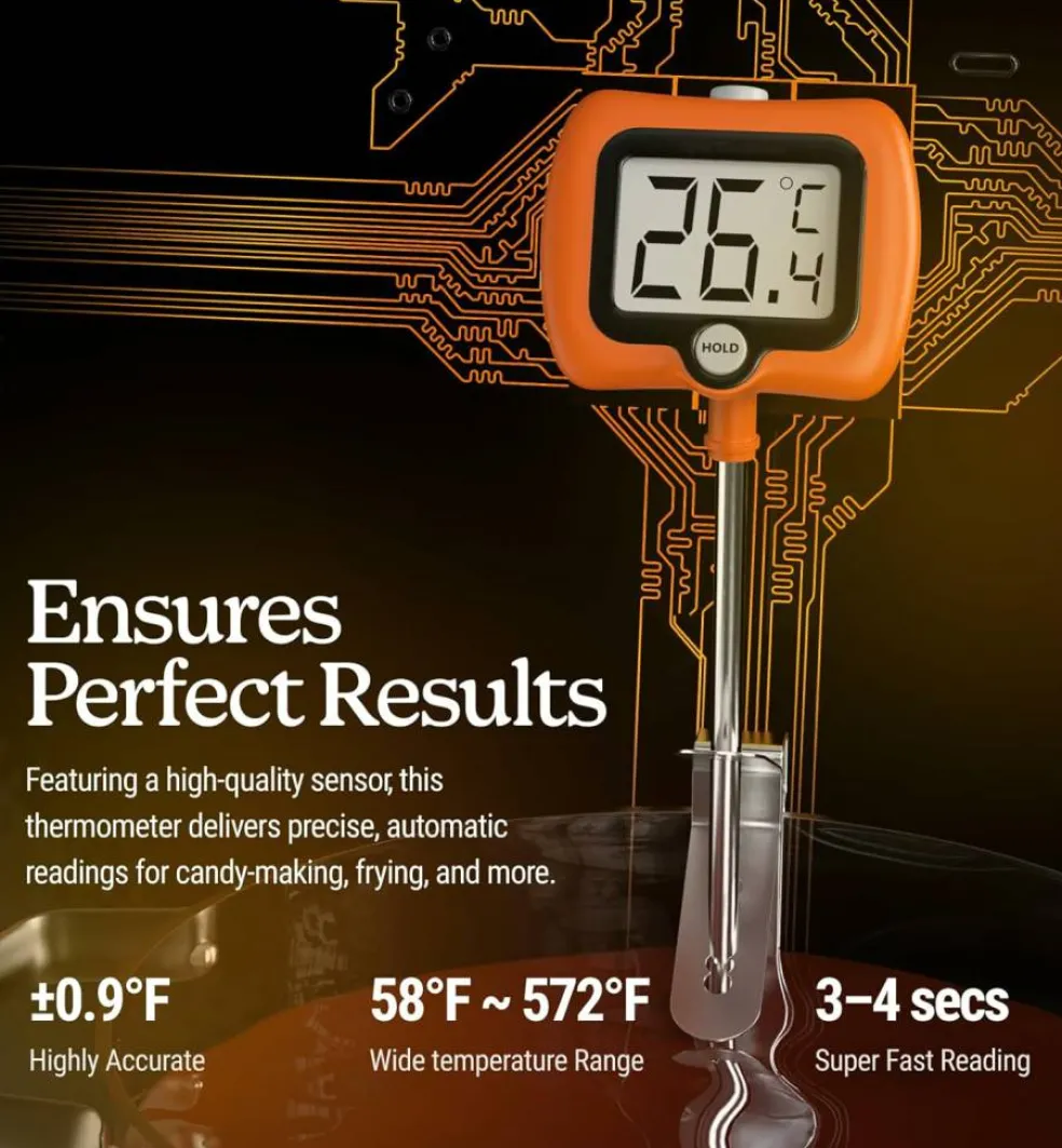 Digital Candy Thermometer – 10" Stainless Steel Probe, Pot Clip, Instant-Read for Cooking & Baking
