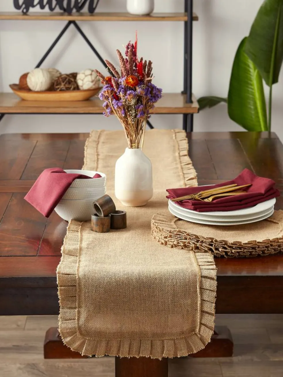 DII® Natural Ruffle Trim Jute Table Runner, 14x72 inch