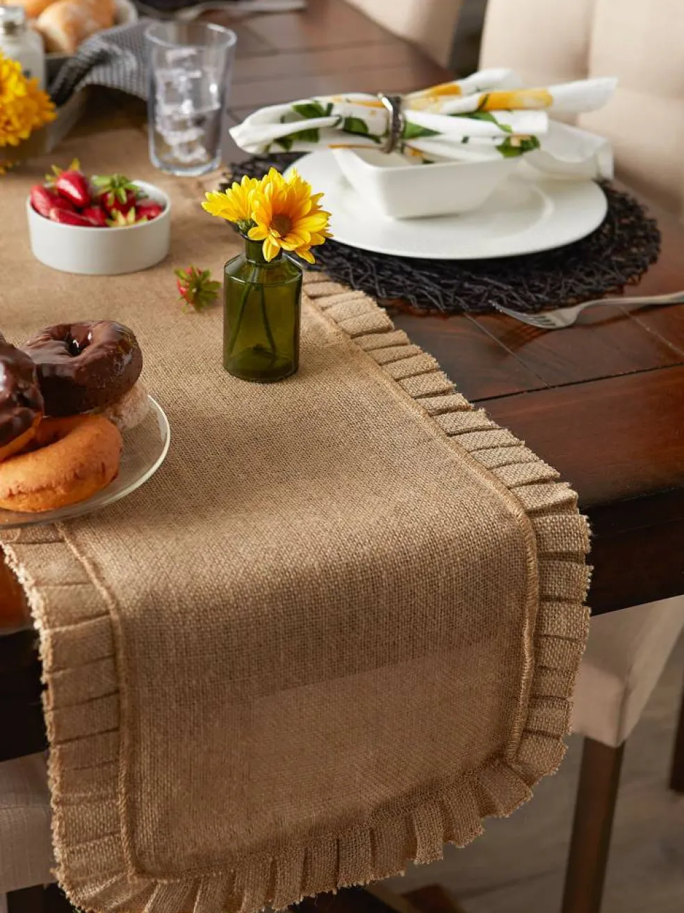 DII® Natural Ruffle Trim Jute Table Runner, 14x72 inch