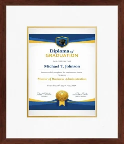 Diploma Frame Rustic Walnut With Oyster Shell Over Gold Double Mat - Fits 8.5 x 11 Certificate (Portrait) Wall Display Made in the USA