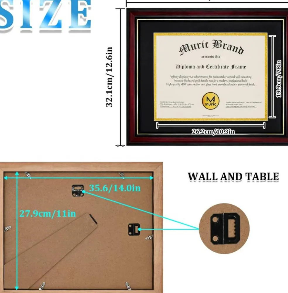 Diploma Frames 8.5x11 with Mat – Set of 2 Solid Wood Certificate Frames with Plexiglass, Cherry Red with Gold Edge, 11x14 Without Mat, Wall & Tabletop Display
