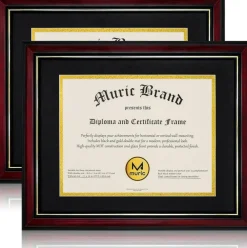 Diploma Frames 8.5x11 with Mat – Set of 2 Solid Wood Certificate Frames with Plexiglass, Cherry Red with Gold Edge, 11x14 Without Mat, Wall & Tabletop Display