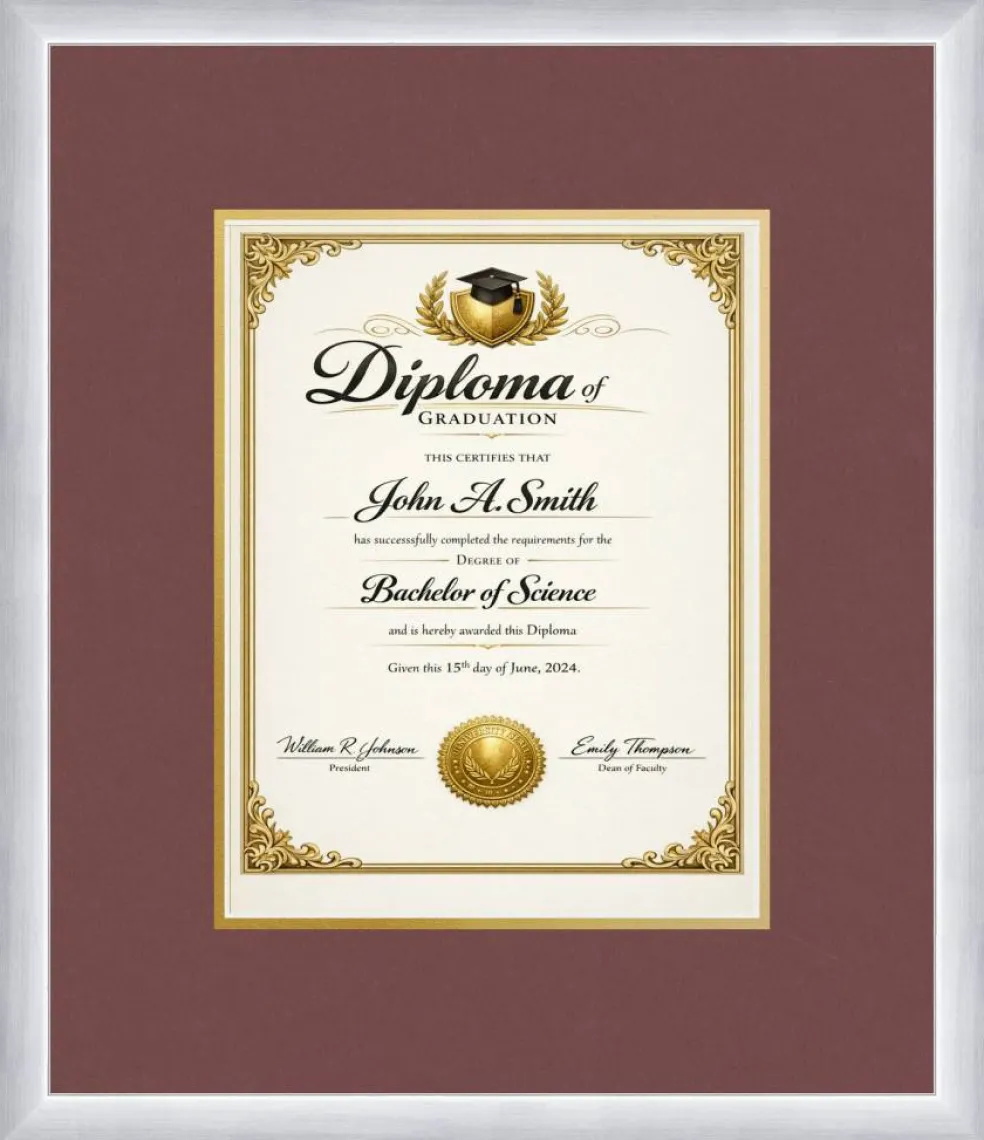 Diploma Frame x 11 Certificate (Portrait) - Graduation Stainless Silver Hardwood With Dark Red Mat