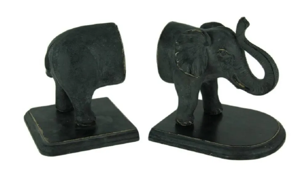 Distressed Black Standing Elephant Top and Tail Bookend Set