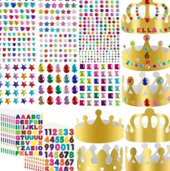 DIY Paper Crowns Party Hat Kit with Gem Stickers, Letter & Number Stickers, 46 Piece Gold Birthday Crown Craft Set for Kids Princess Parties, Classroom Activities & Celebrations