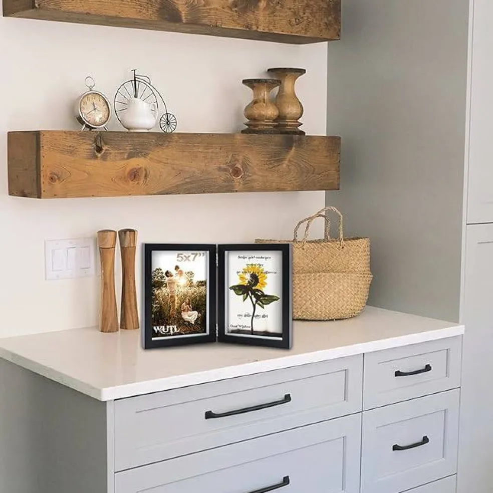 Double Hinged 5x7 Picture Frames Set, Black MDF Wood Shadow Box Photo Frame with Glass Front, 2 Opening Desktop Display Frame for Tabletop Decor & Gift