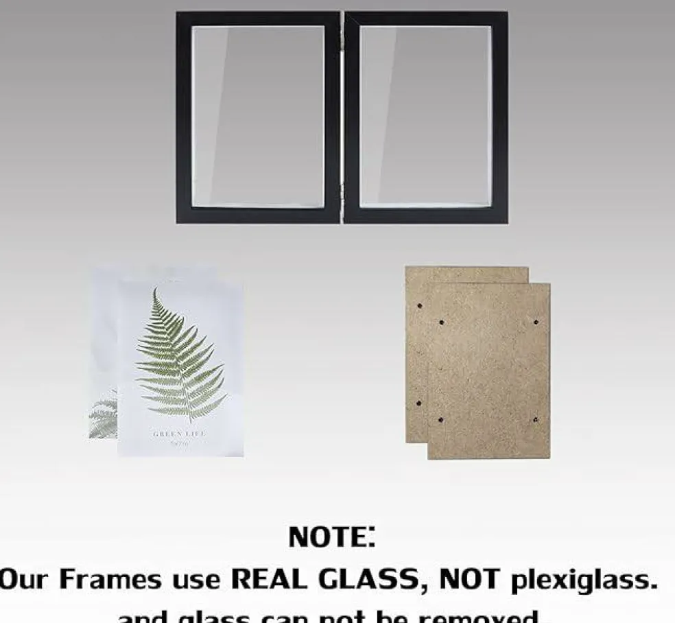 Double Hinged 5x7 Picture Frames Set, Black MDF Wood Shadow Box Photo Frame with Glass Front, 2 Opening Desktop Display Frame for Tabletop Decor & Gift