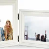 Double 5x7 White Wood Hinged Picture Frame, Foldable Vertical Horizontal Desk Photo Frame for 4.5x6.5 Photos, Dual Display Tabletop & Wall Decor Frame