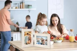 Double 5x7 White Wood Hinged Picture Frame, Foldable Vertical Horizontal Desk Photo Frame for 4.5x6.5 Photos, Dual Display Tabletop & Wall Decor Frame