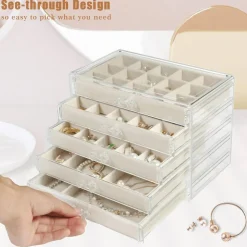 5-Drawer Clear Jewelry Box for Women & Girls – Acrylic Organizer with Velvet-Lined Trays for Rings, Earrings, and Accessories (Warm White)