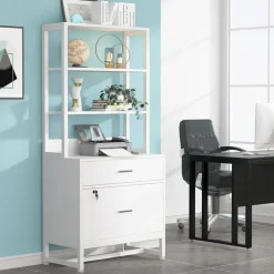 2-Drawer Lockable Filing Cabinet with Open Shelves and Adjustable Storage for Office or Home