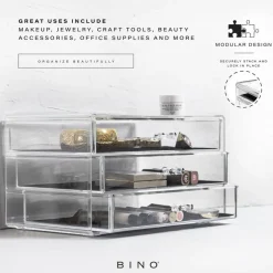 3-Drawer Makeup Organizer, Park Avenue | THE MANHATTAN SERIES | Modular Design Storage Drawers | Vanity Acrylic Organizers | Stackable Storage Bins | Clear Makeup Organizers And Storage