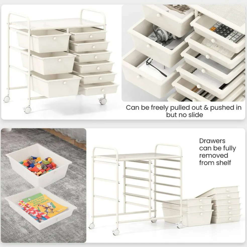 9-Drawer Mobile Storage Cart with Casters, Metal Frame, Colorful Drawers