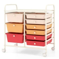 9-Drawer Mobile Storage Cart with Casters, Metal Frame, Colorful Drawers