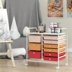 9-Drawer Mobile Storage Cart with Casters, Metal Frame, Colorful Drawers