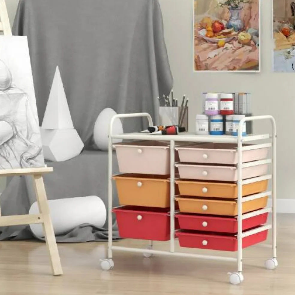 9-Drawer Mobile Storage Cart with Casters, Metal Frame, Colorful Drawers