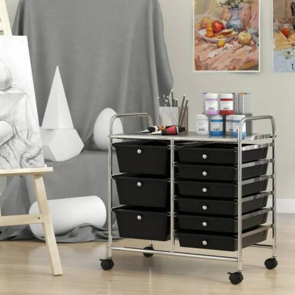 9-Drawer Mobile Storage Cart with Casters, Metal Frame, Colorful Drawers