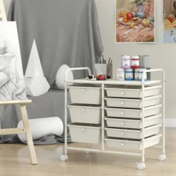 9-Drawer Mobile Storage Cart with Casters, Metal Frame, Colorful Drawers