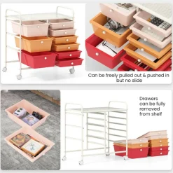 9-Drawer Mobile Storage Cart with Casters, Metal Frame, Colorful Drawers