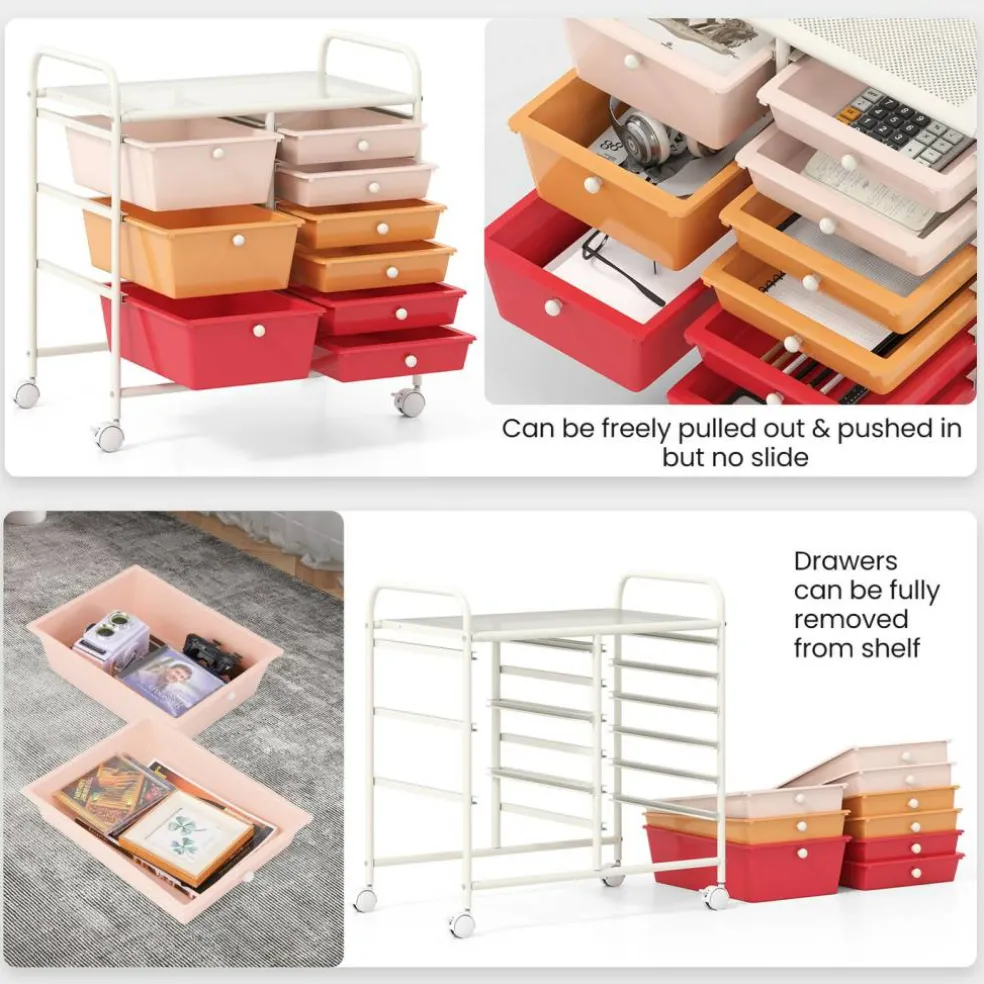 9-Drawer Mobile Storage Cart with Casters, Metal Frame, Colorful Drawers