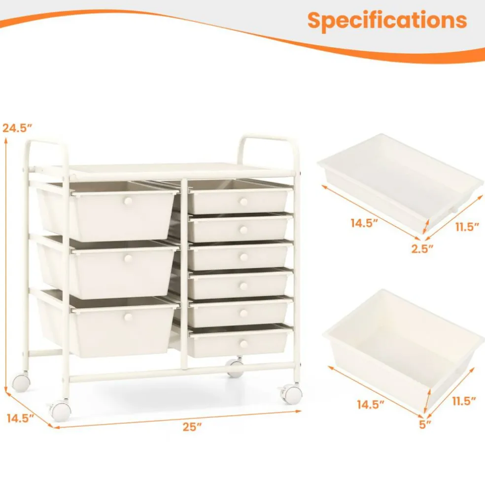 9-Drawer Mobile Storage Cart with Casters, Metal Frame, Colorful Drawers
