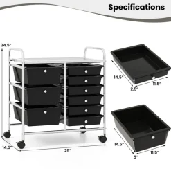 9-Drawer Mobile Storage Cart with Casters, Metal Frame, Colorful Drawers