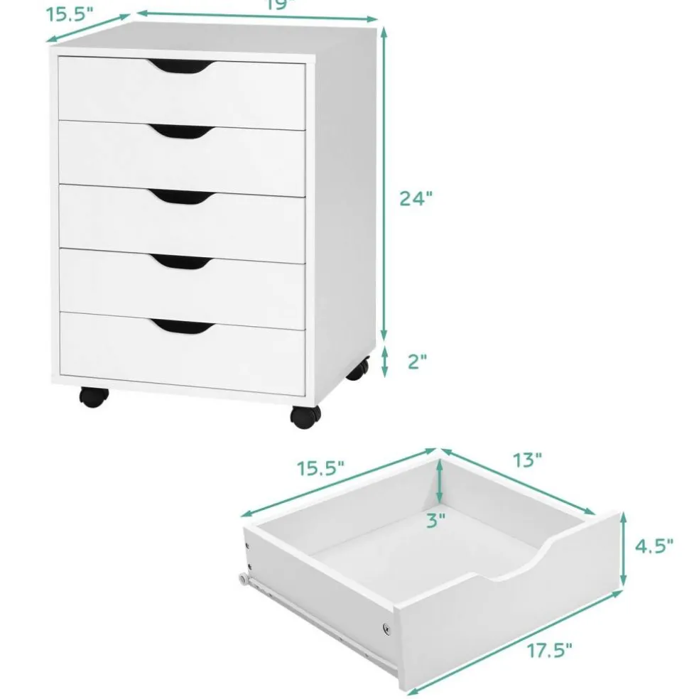5 Drawer Rolling File Cabinet Under Desk Storage Chest Mobile Organizer With Wheels For Home Office White