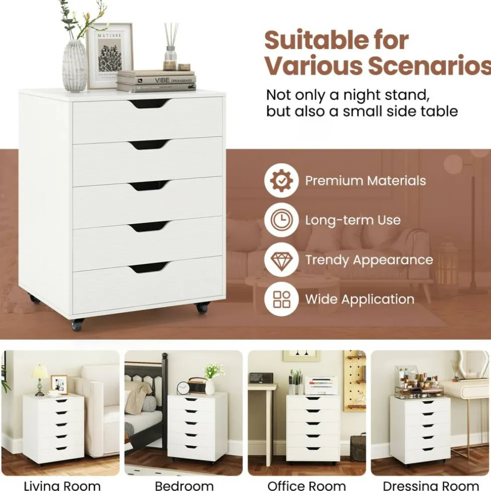 5 Drawer Rolling File Cabinet Under Desk Storage Chest Mobile Organizer With Wheels For Home Office White