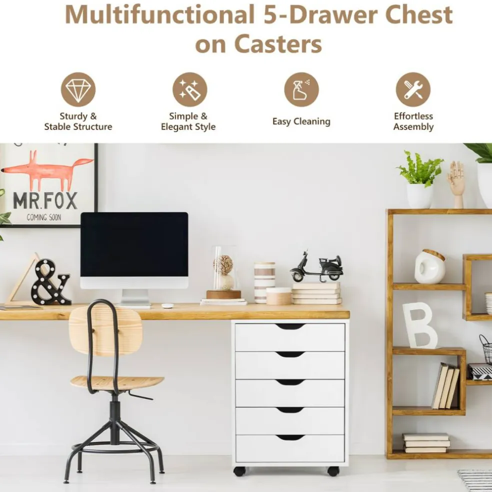 5 Drawer Rolling File Cabinet Under Desk Storage Chest Mobile Organizer With Wheels For Home Office White