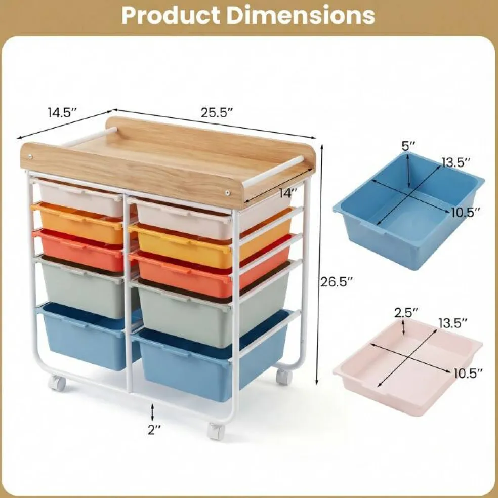 10 Drawer Rolling Storage Cart With Wheels Organizer MDF Top Metal Frame For Office Craft Supplies