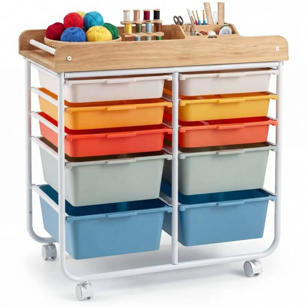 10 Drawer Rolling Storage Cart With Wheels Organizer MDF Top Metal Frame For Office Craft Supplies
