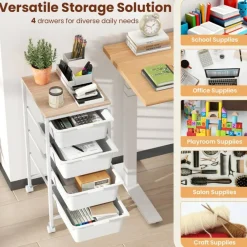 4-Drawer Rolling Storage Cart with Wooden Top, Mobile Utility Organizer with Lockable Wheels for Office, Craft Room and Home, Natural and White