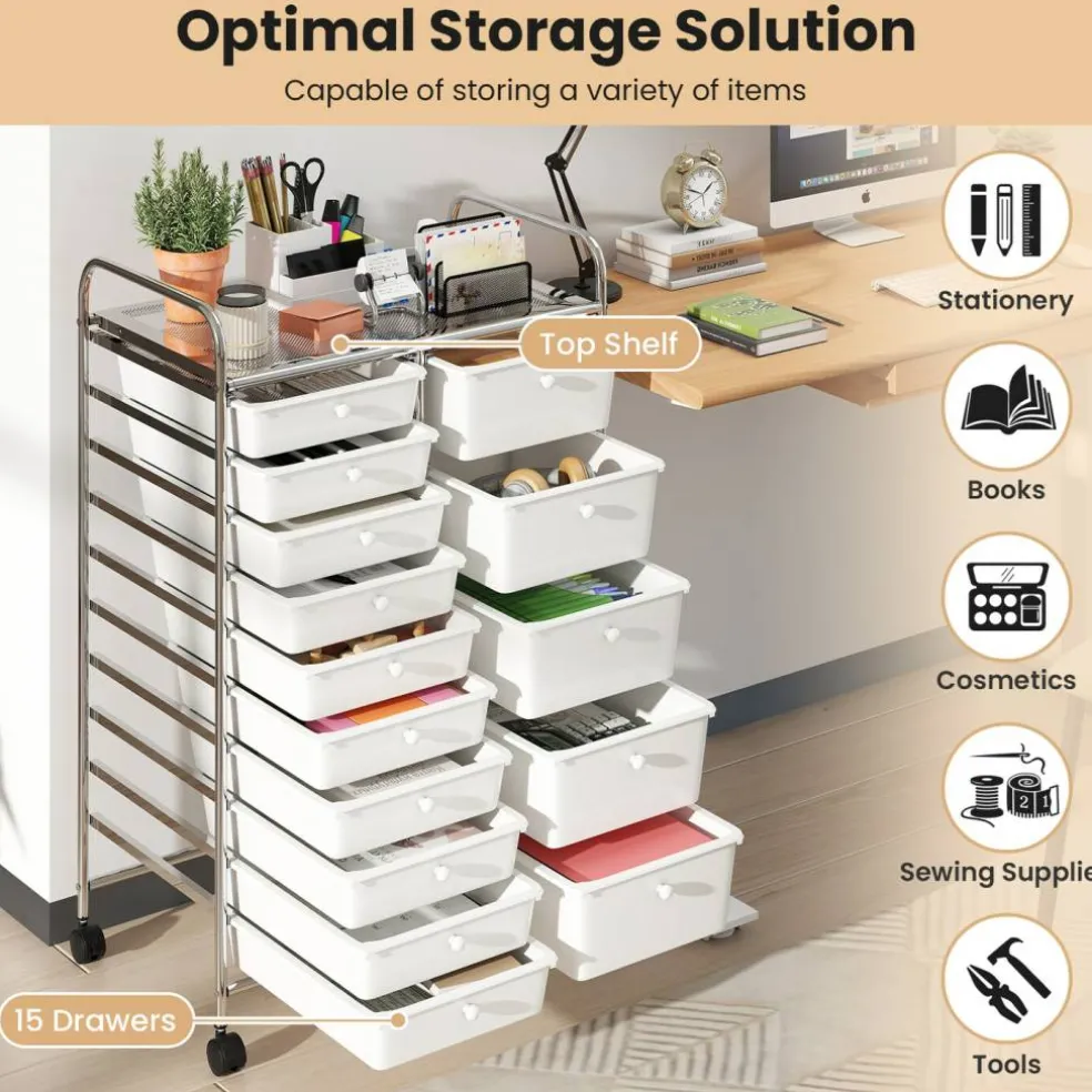 15-Drawer Rolling Storage Cart with Metal Frame and Removable Drawers
