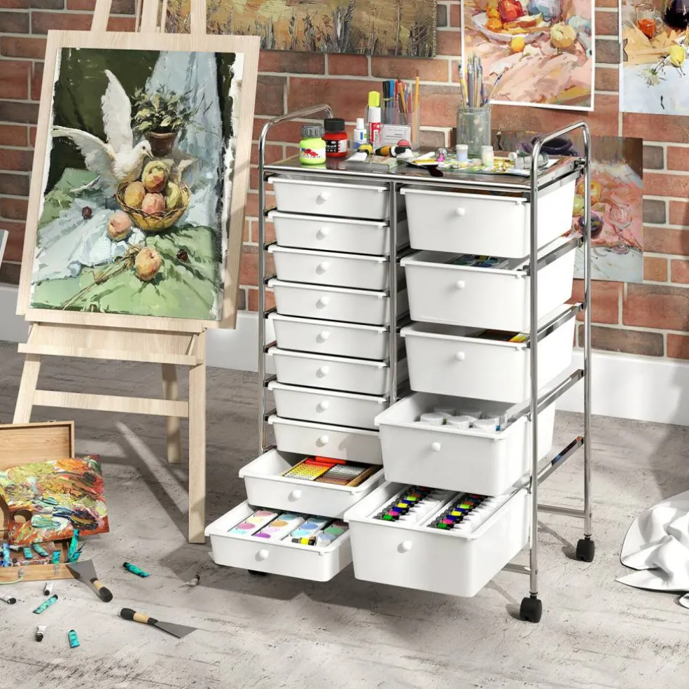 15-Drawer Rolling Storage Cart with Metal Frame and Removable Drawers