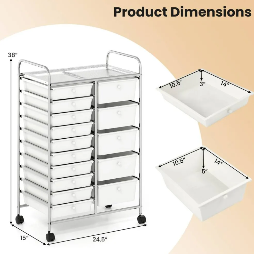 15-Drawer Rolling Storage Cart with Metal Frame and Removable Drawers