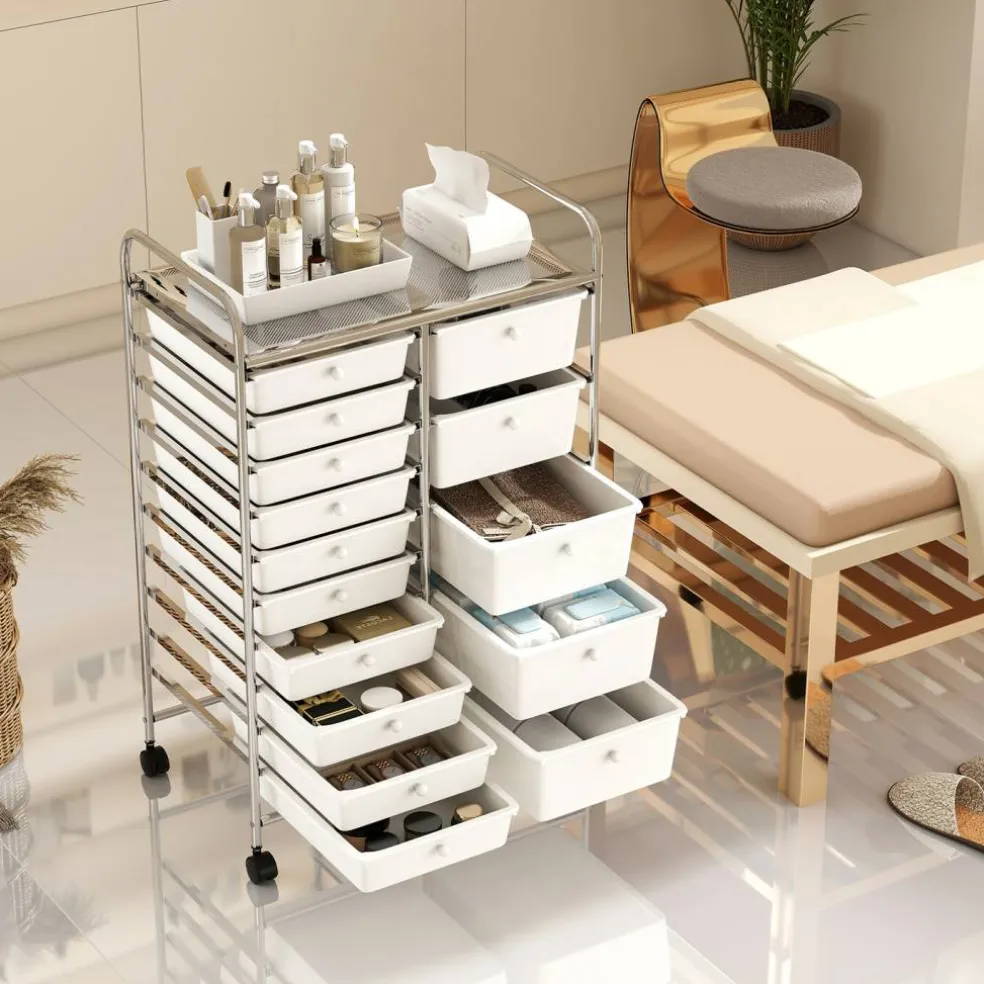 15-Drawer Rolling Storage Cart with Metal Frame and Removable Drawers
