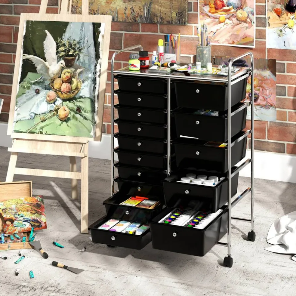 15-Drawer Rolling Storage Cart with Metal Frame and Removable Drawers